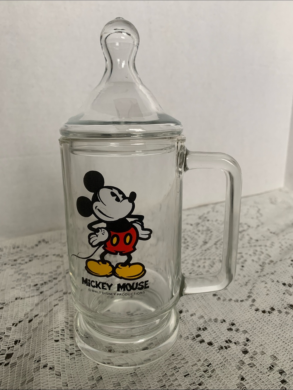 Vintage Disney Mickey Mouse 1970 Glass Mug Beer Stein Candy Cookie Jar w Lid